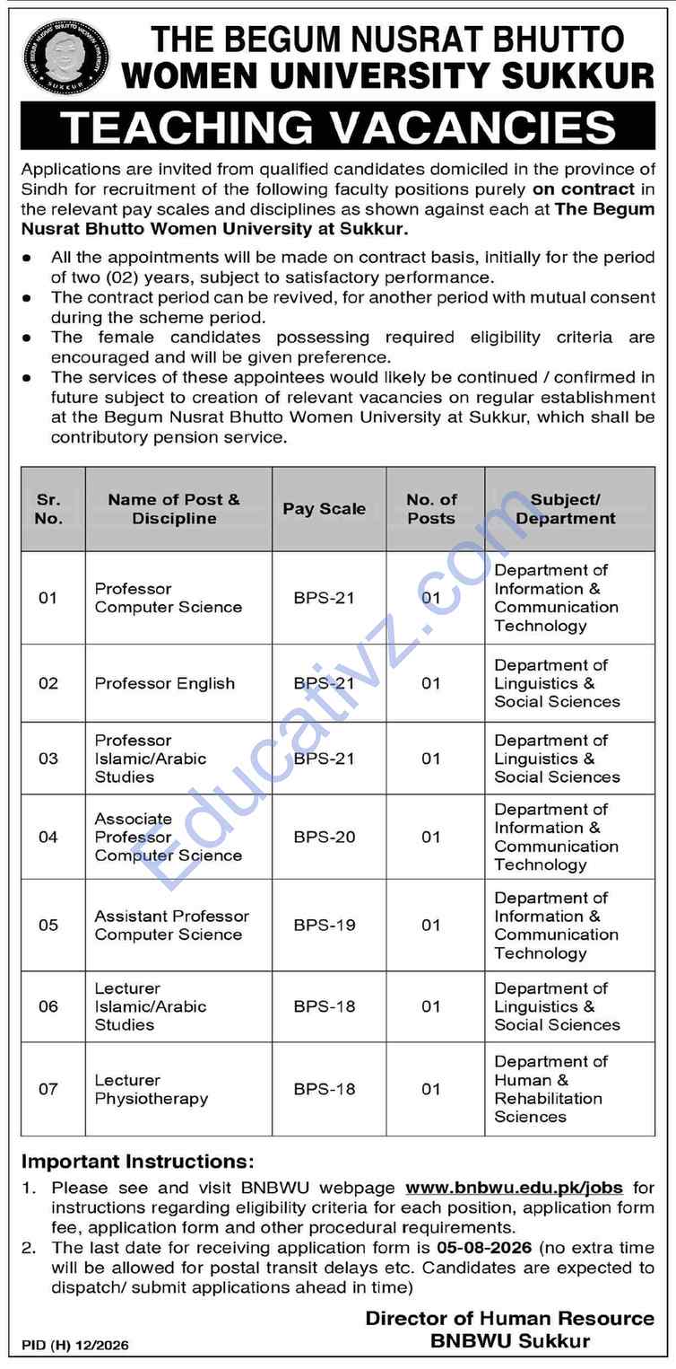 The Begum Nusrat Bhutto Women University Jobs July 2026 | Lecturer, Assistant Professor, Associate Professor & Others - Official Advertisement