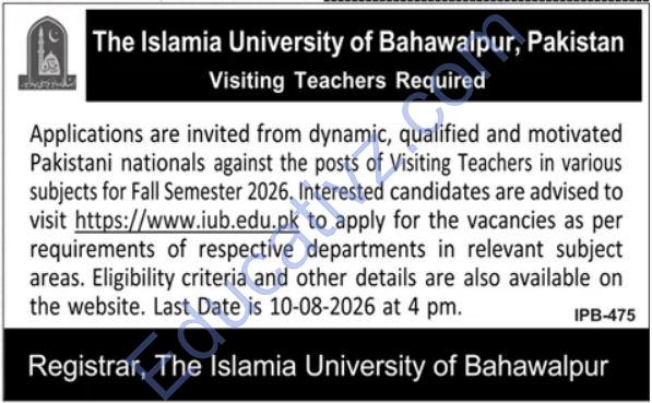 The Islamia University of Bahawalpur Jobs | Professor, Visiting Teacher - Official Advertisement