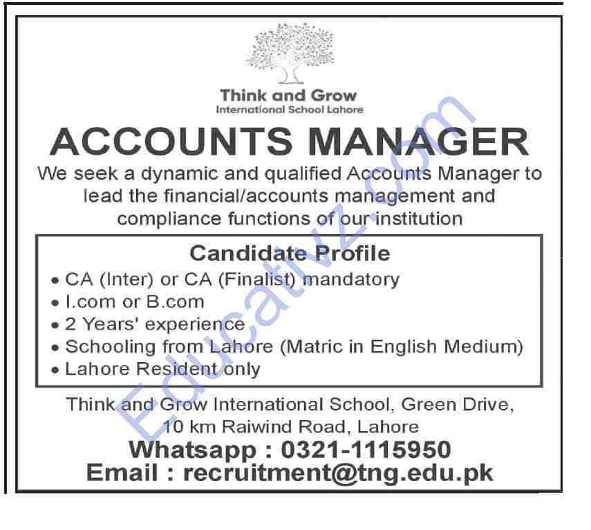 Think and Grow Education System Jobs | Accounts Manager - Official Advertisement