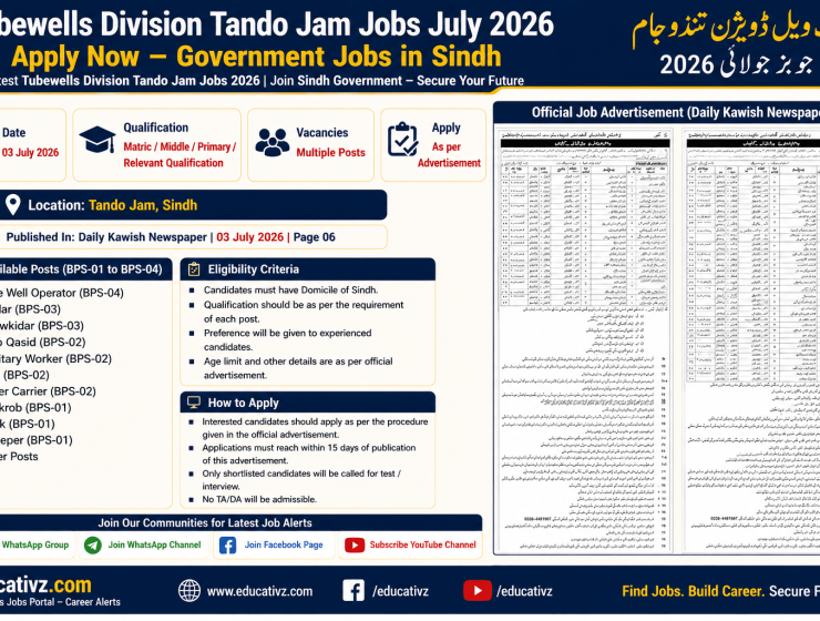 Tubewells Division Tando Jam Jobs July 2026 BPS 01 to BPS 04 Government Jobs Daily Kawish Official Advertisement
