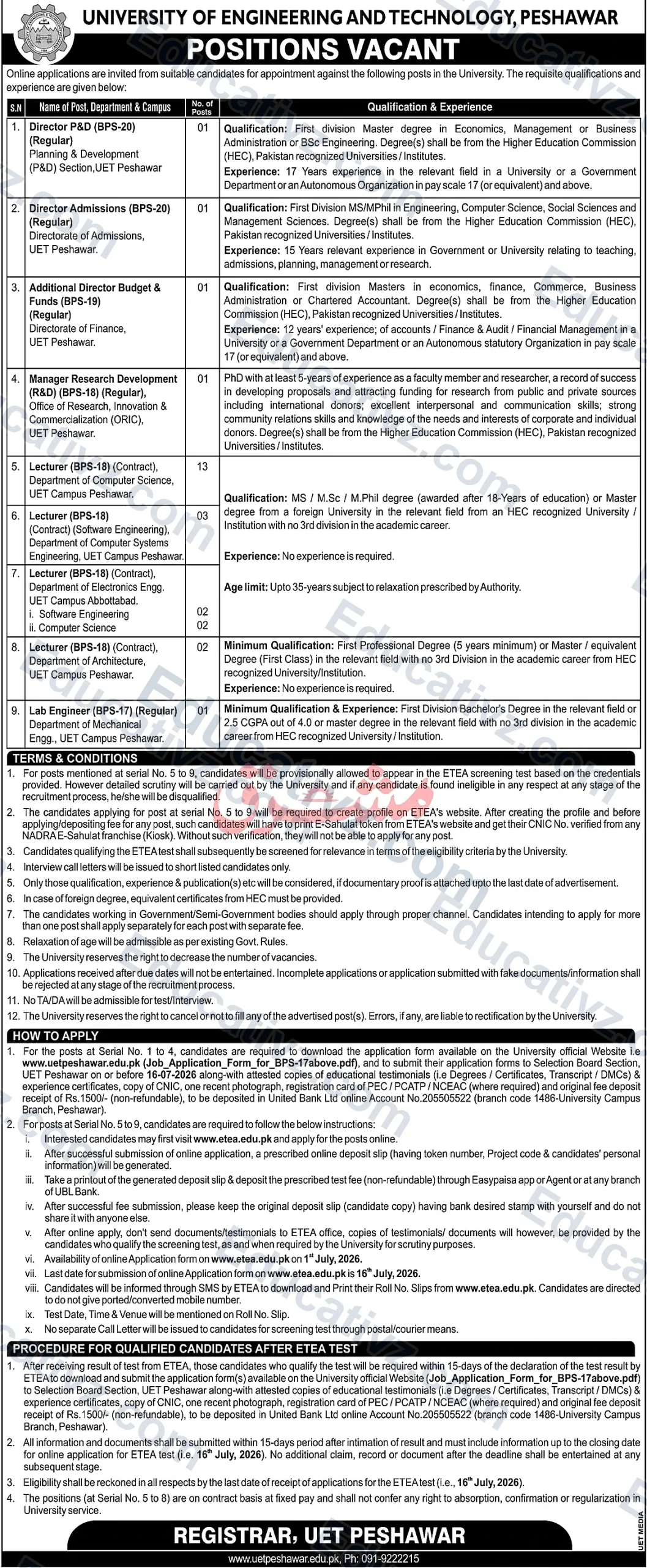 UET Peshawar Jobs July 2026 Advertisement