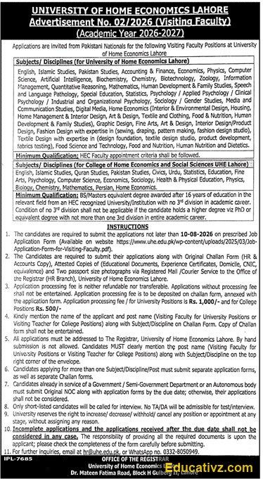 University of Home Economics Lahore Jobs July 2026 - Official Advertisement