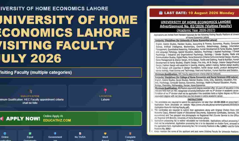 University of Home Economics Lahore Visiting Faculty July 2026 - English, Islamic Job Ad