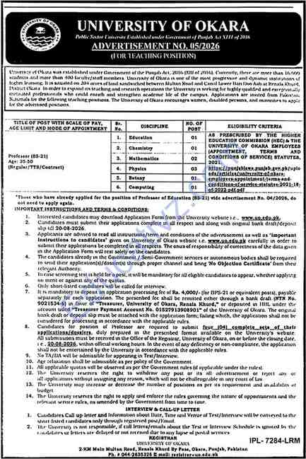 University Of Okara Jobs | Professor - Official Advertisement