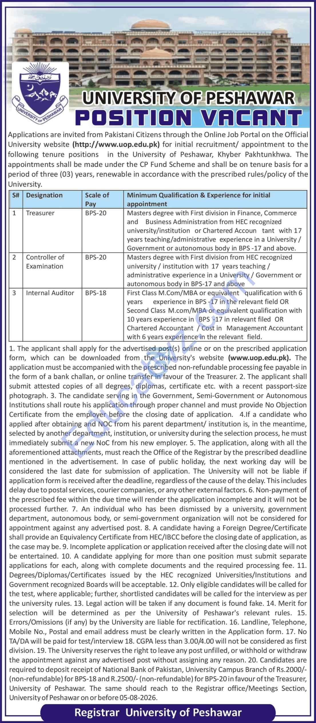 University of Peshawar Jobs  | controller_of_examination, treasurer, internal_auditor - Official Advertisement