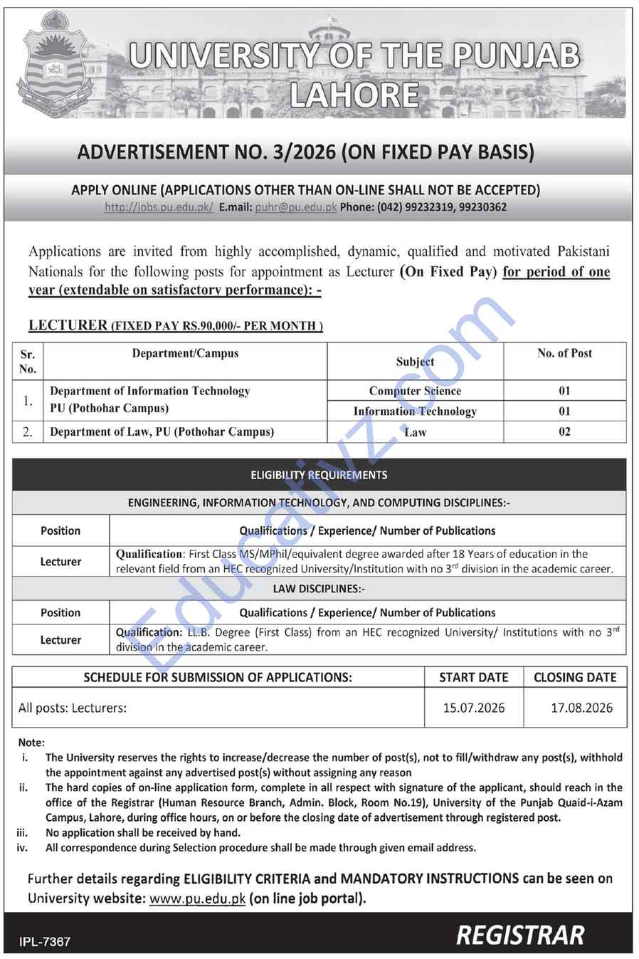 University of Punjab UOP Jobs | Lecturer - Official Advertisement
