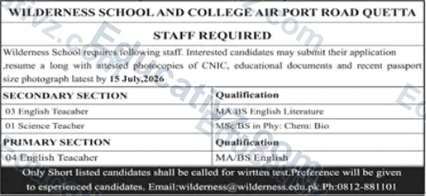 Wilderness School & College Quetta Jobs July 2026 Advertisement