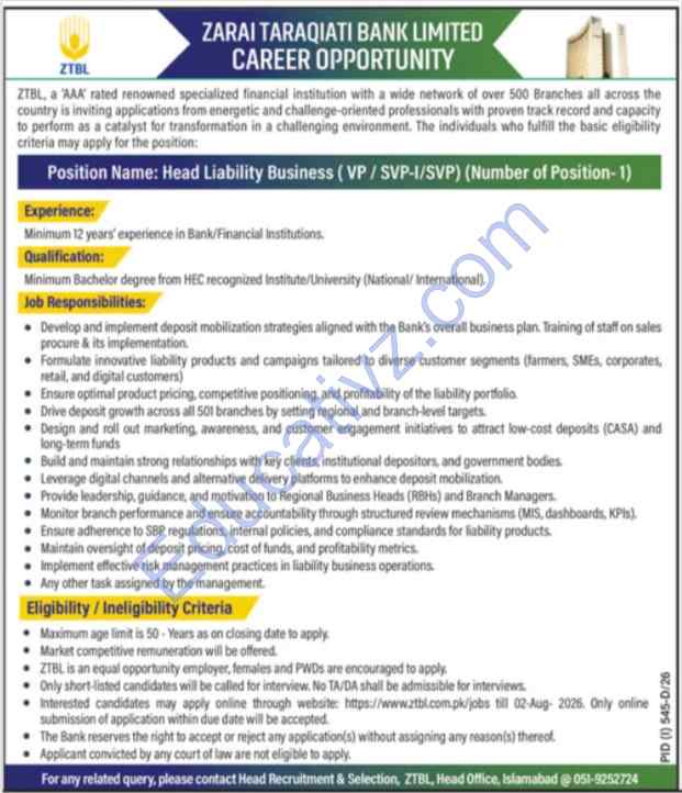 Zarai Taraqiati Bank Limited ZTBL Jobs | Head Liability Business - Official Advertisement