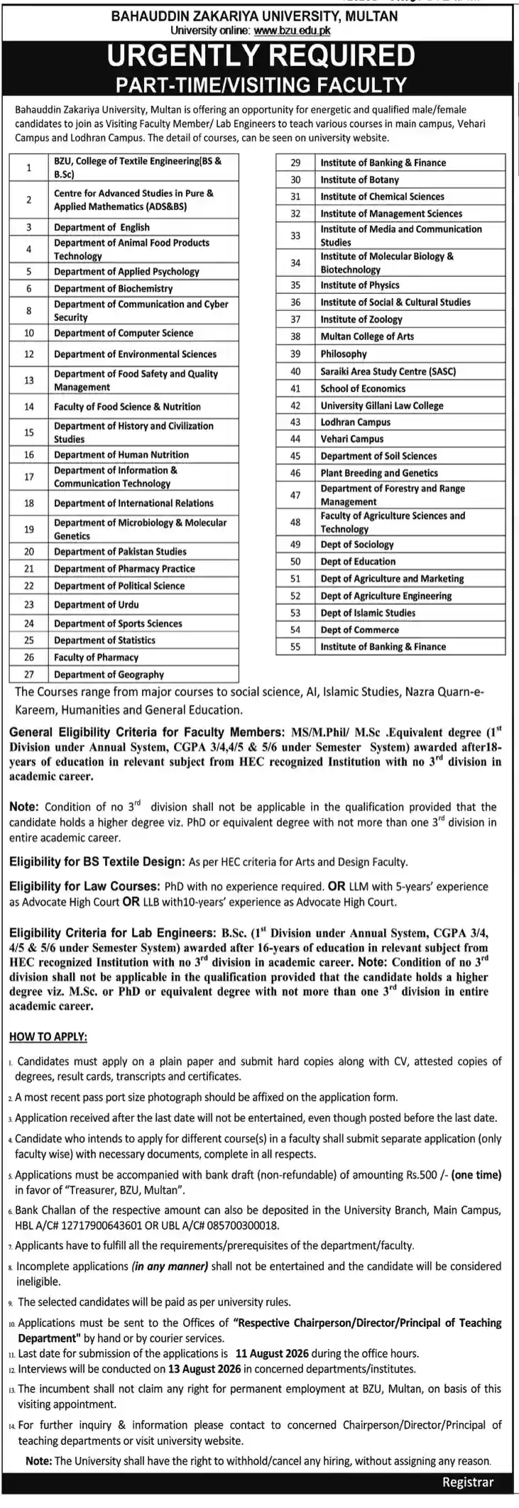 Bahauddin Zakariya University Multan Jobs August 2026 Advertisement — Nawaiwaqt 6 August 2026
