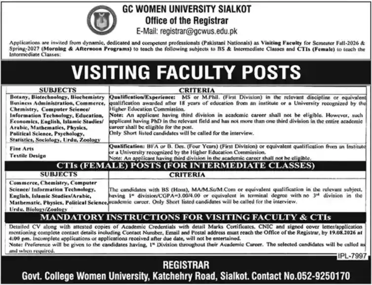 GC Women University Sialkot Jobs August 2026 Advertisement — Dunya Newspaper 5 August 2026