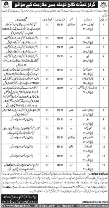 Girls Cadet College Quetta Jobs August 2026 Advertisement — Jang 4 August 2026