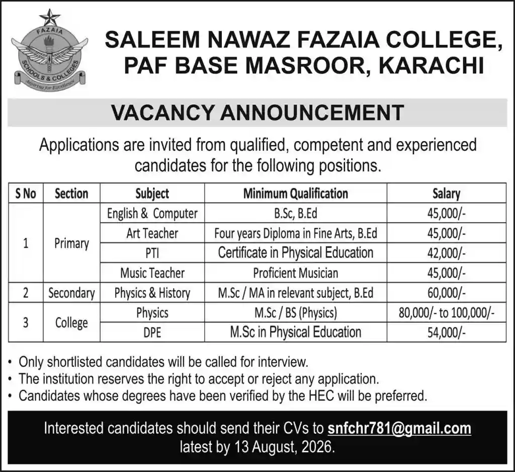 Saleem Nawaz Fazaia College Karachi Jobs August 2026 Advertisement — Daily Express 02 August 2026
