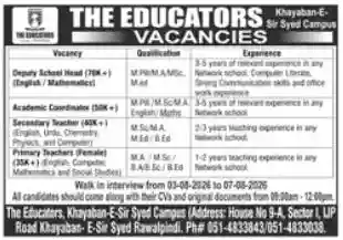 The Educators Rawalpindi Jobs Advertisement Jang Pindi 2 August 2026