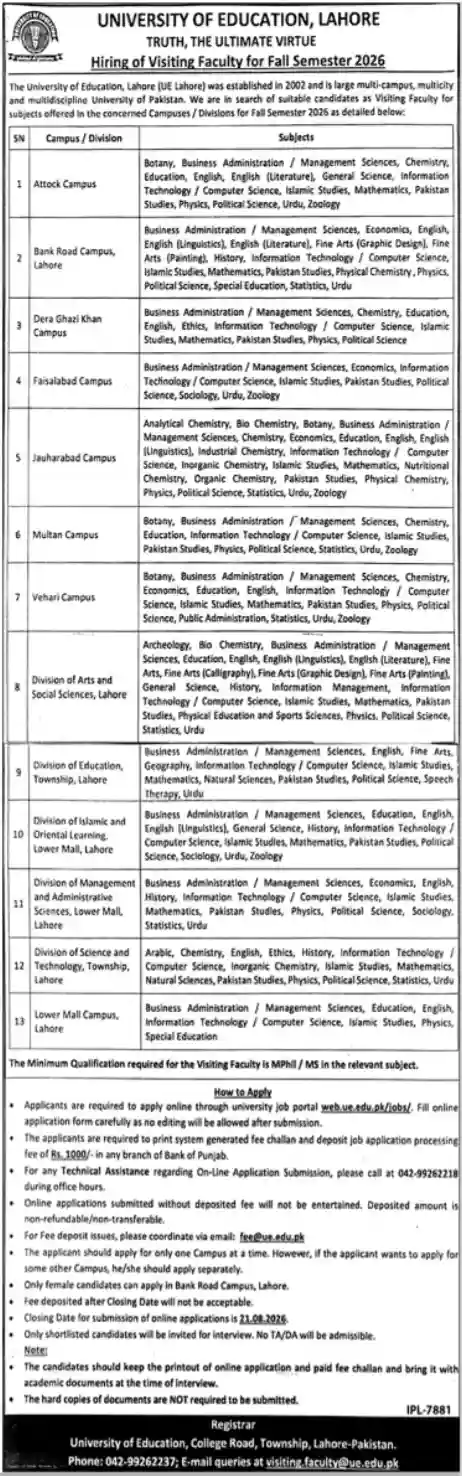 University of Education Lahore Jobs Advertisement Jang Pindi 2 August 2026