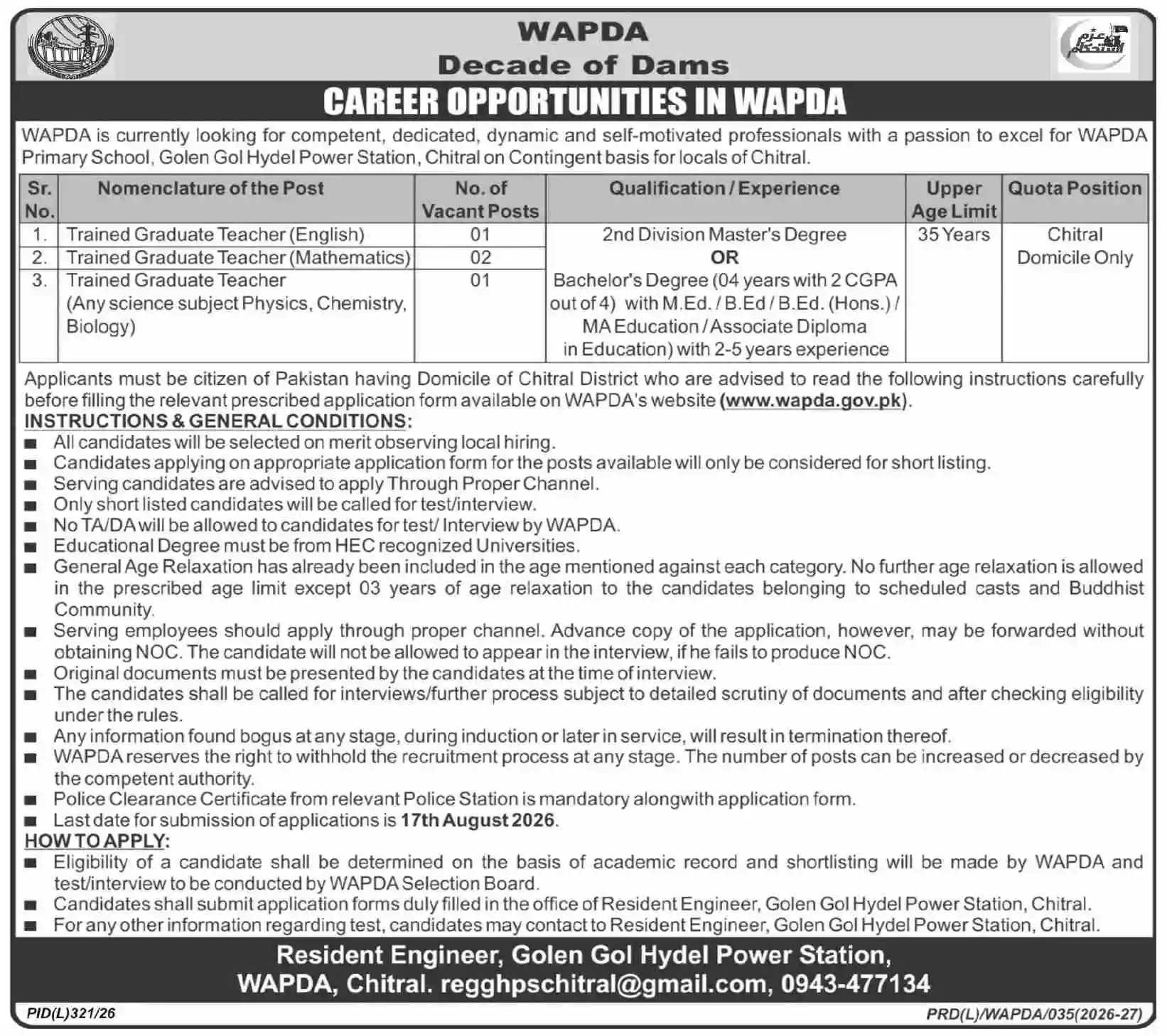 WAPDA Golen Gol Hydel Power Station Chitral Jobs August 2026 Advertisement — Dawn ePaper 7 August 2026