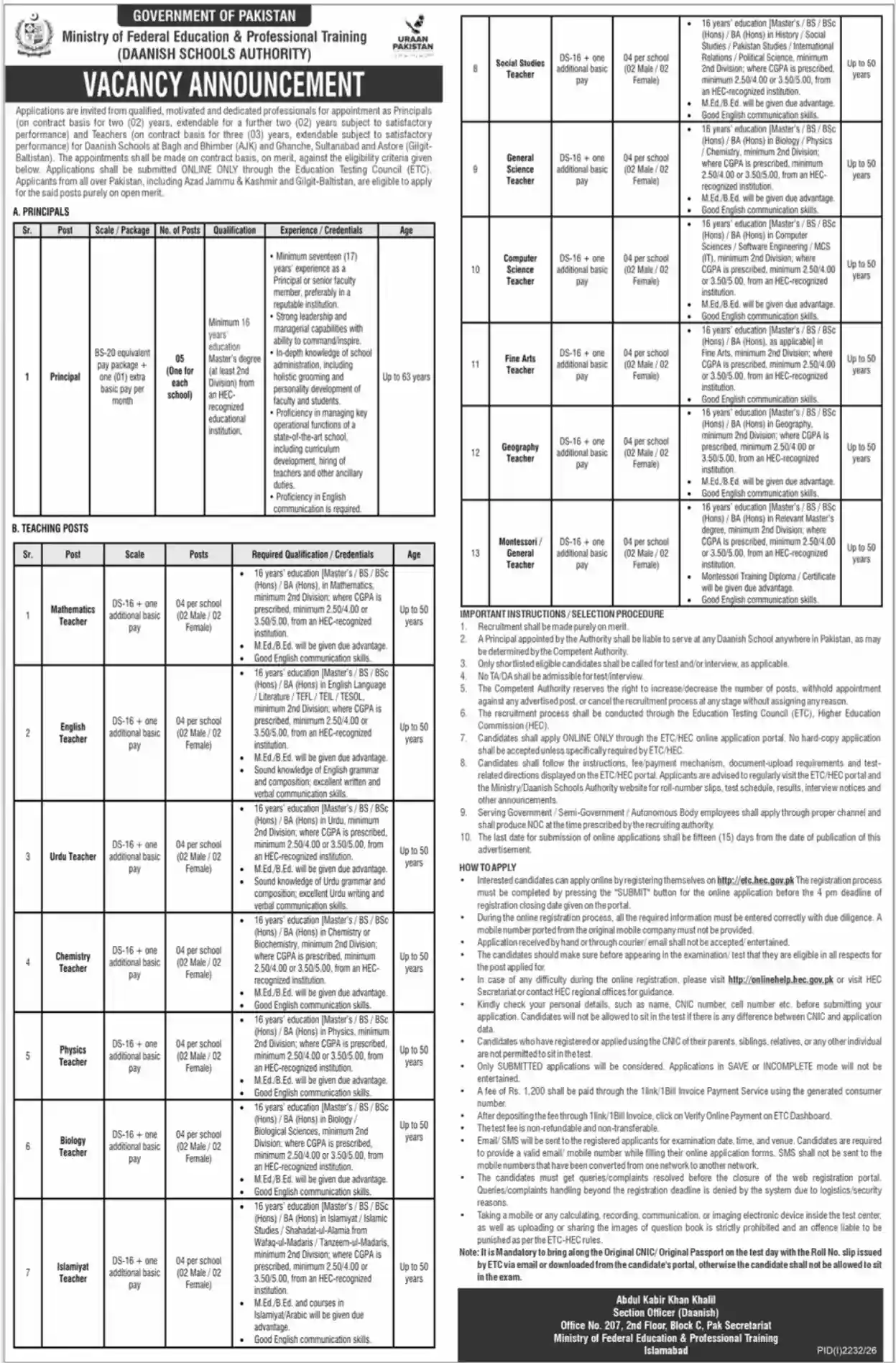 Daanish Schools Authority Vacancy Announcement Advertisement — Principal and Teacher Posts, 6 September 2026