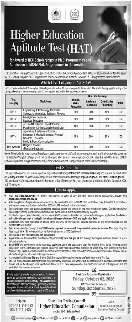 HEC HAT Test Advertisement — Higher Education Aptitude Test, The News, 6 September 2026
