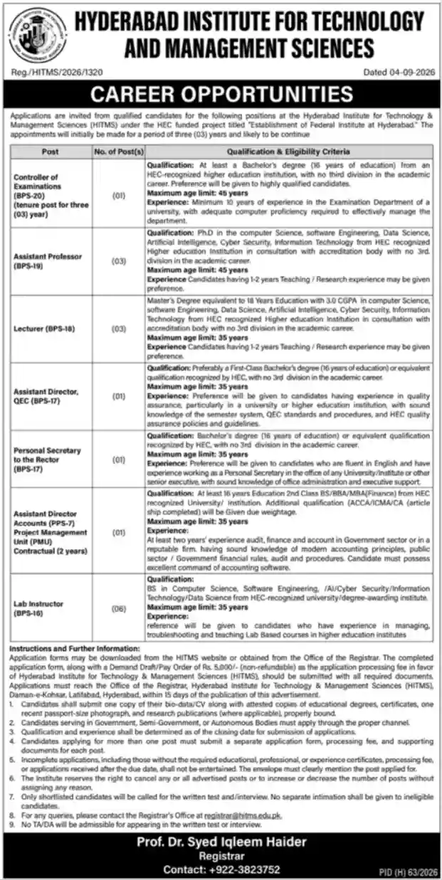 HITMS Hyderabad Career Opportunities Advertisement — Dated 4 September 2026
