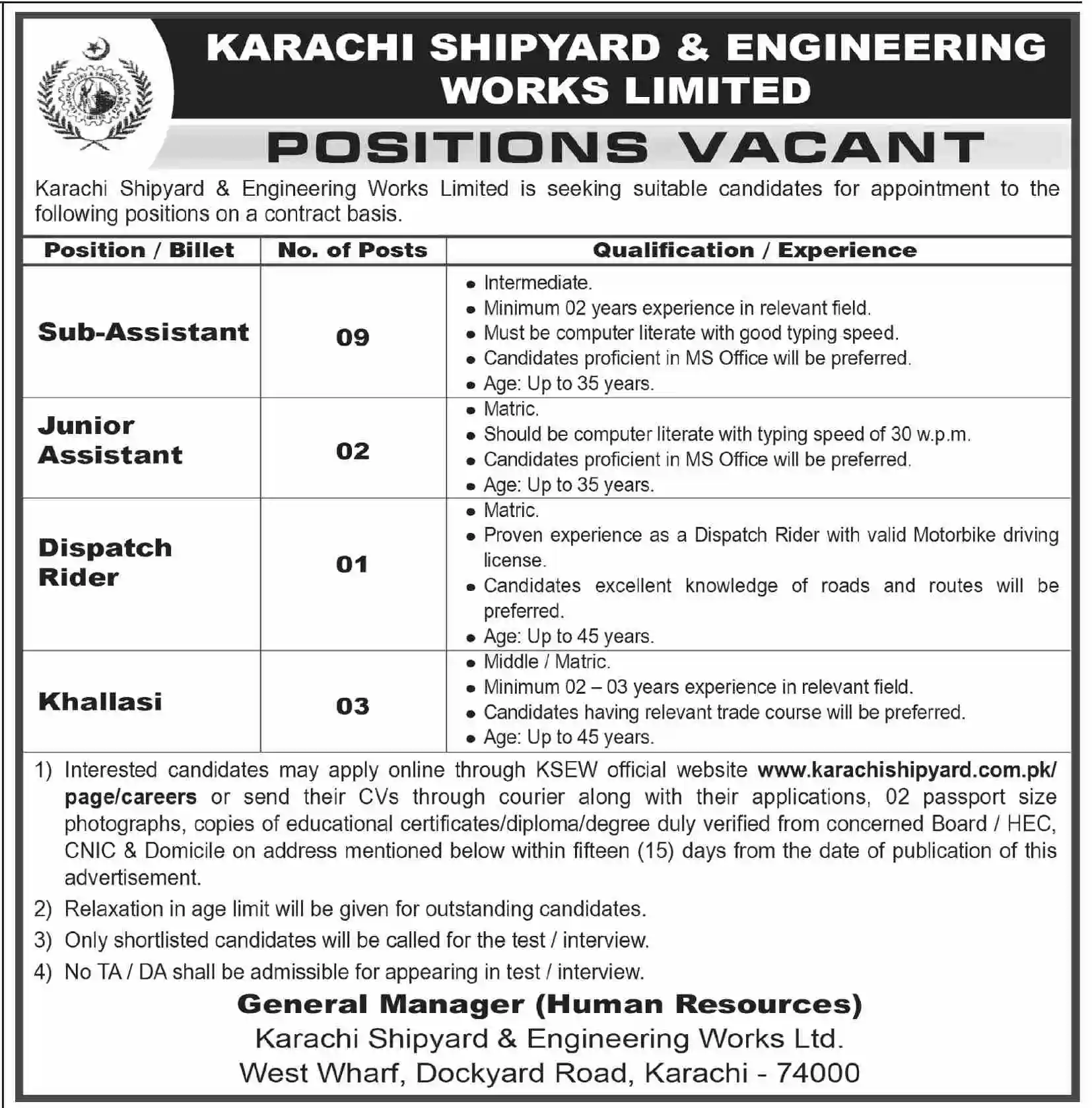Positions Vacant Advertisement — Karachi Shipyard & Engineering Works, Sub-Assistant, Junior Assistant, Dispatch Rider, Khallasi Posts, September 2026