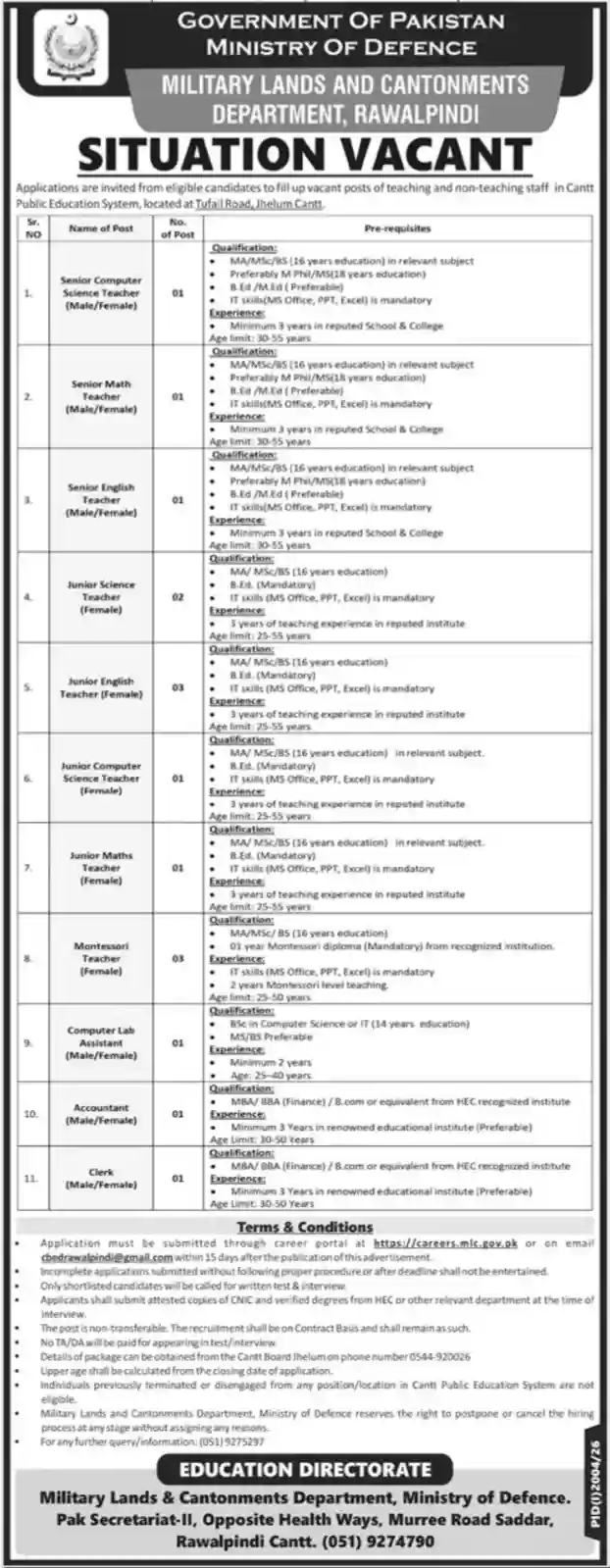 Military Lands Cantonments Department Jhelum Cantt Teaching Jobs September 2026 Advertisement — Jang 2 September 2026