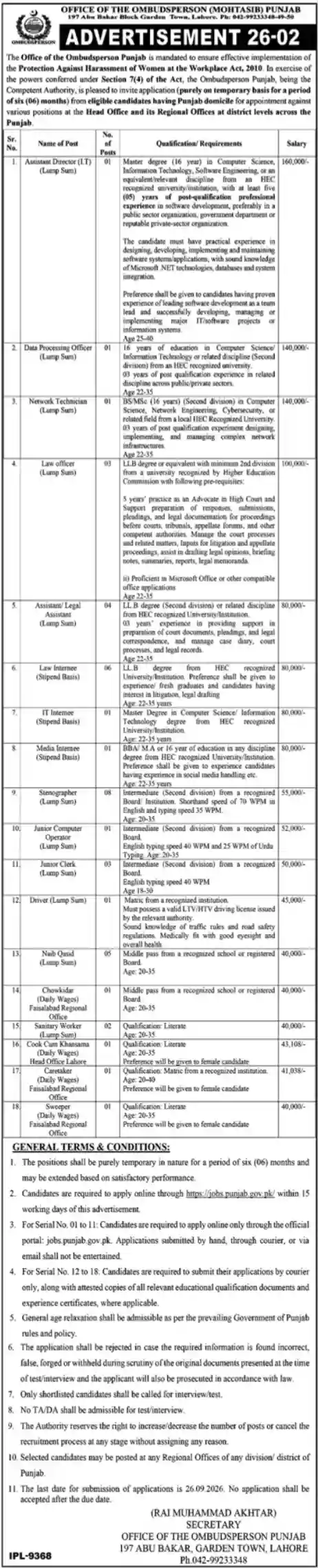 Office of the Ombudsperson Punjab Jobs September 2026 Advertisement — Jang 8 September 2026