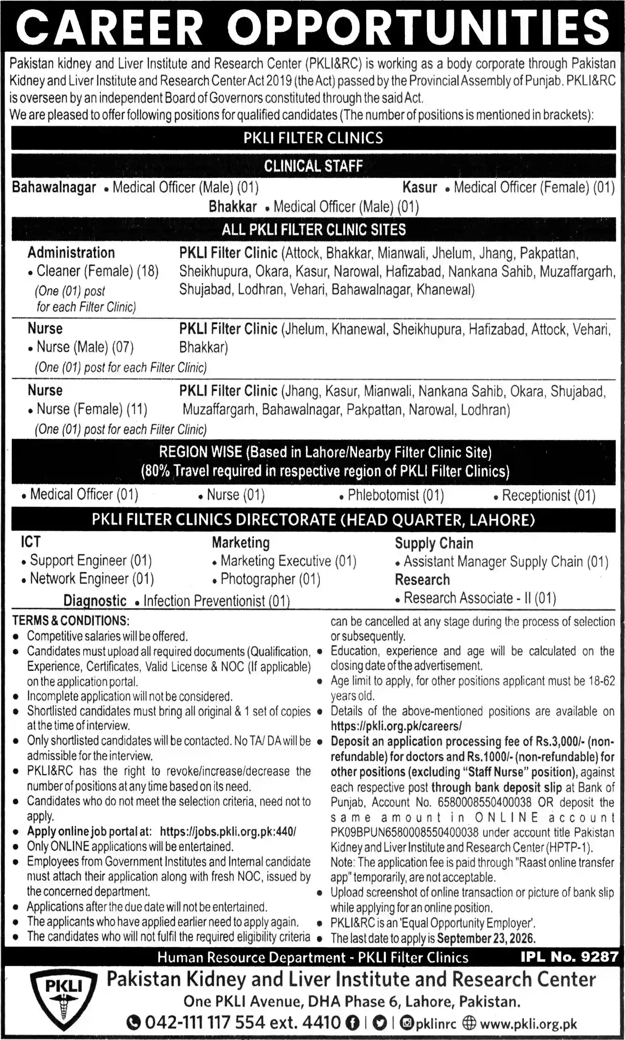 PKLI&RC Career Opportunities 2026 Advertisement — Filter Clinics and Head Office Lahore, 5 September 2026