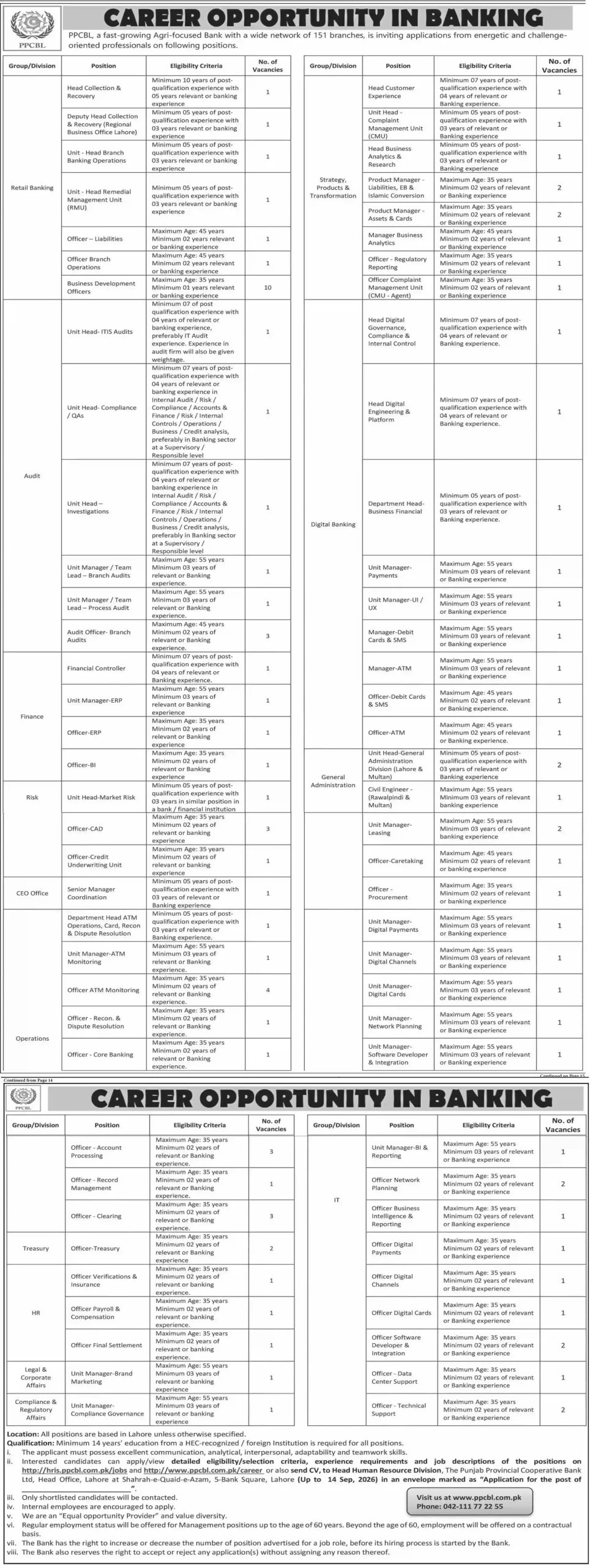 PPCBL Punjab Provincial Cooperative Bank Ltd Career Opportunity in Banking Advertisement — 6 September 2026