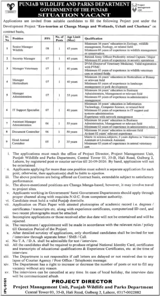 Punjab Wildlife and Parks Department Situation Vacant Advertisement — Eco-Tourism Project, 6 September 2026