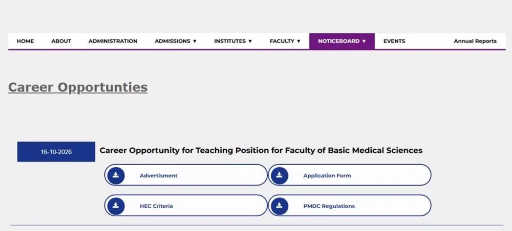 SMBBMU Larkana Career Opportunities page with advertisement, application form, HEC criteria and PMDC regulations buttons