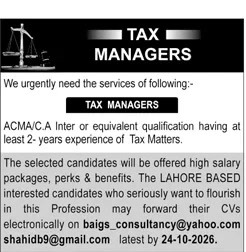 Tax Managers jobs Lahore, ACMA CA Inter