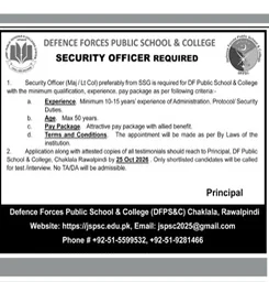 DF Public School and College Chaklala Security Officer Major Lt Col job, last date 25 October 2026
