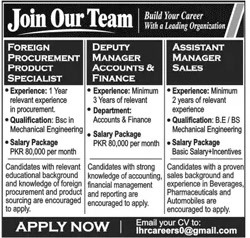 Foreign procurement specialist, deputy manager accounts, assistant manager sales jobs