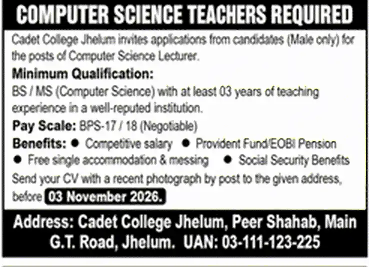 Cadet College Jhelum Computer Science Lecturer jobs advertisement October 2026