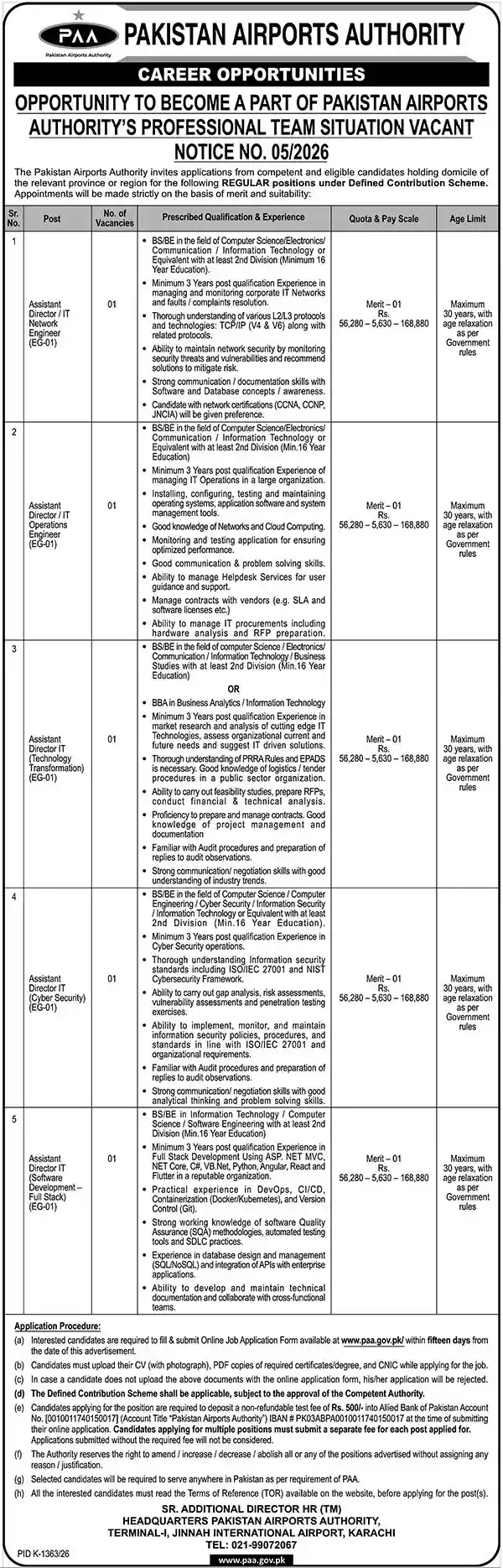 Pakistan Airports Authority PAA 5 IT Assistant Director jobs Notice 05/2026 October 2026