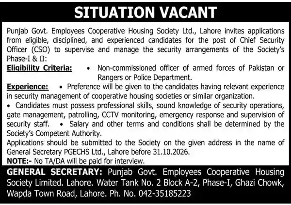 PGECHS Lahore Chief Security Officer job advertisement October 2026