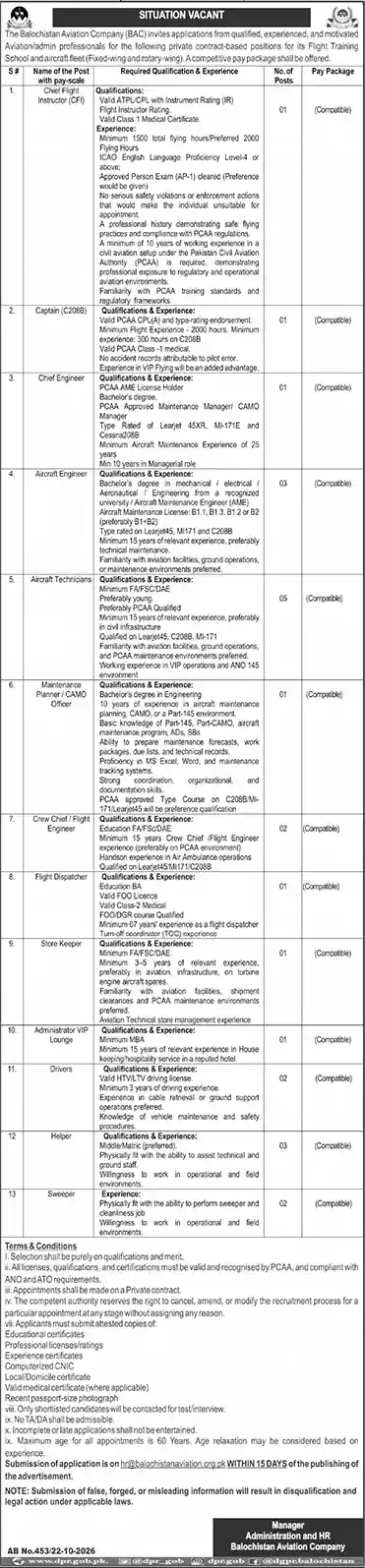 Balochistan Aviation Company BAC 24 vacancies jobs October 2026