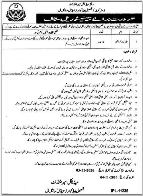 THQ Hospital Sangla Hill 19 sanitary worker jobs October 2026