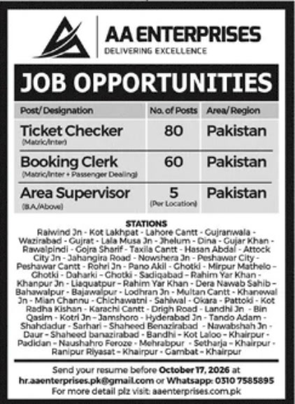 AA Enterprises railway ticket checker booking clerk jobs 2026