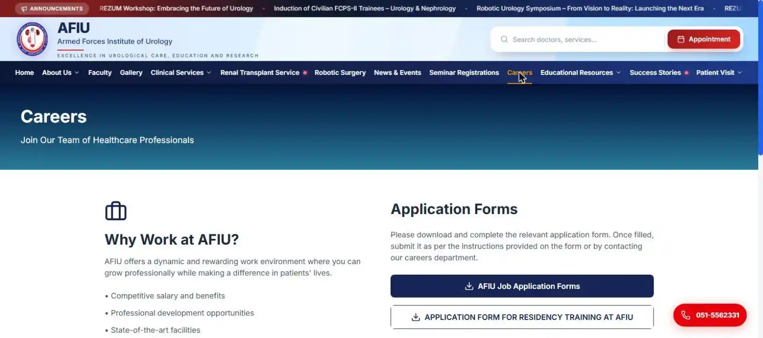 AFIU Armed Forces Institute of Urology official website careers page Current Openings no openings right now 29 October 2026