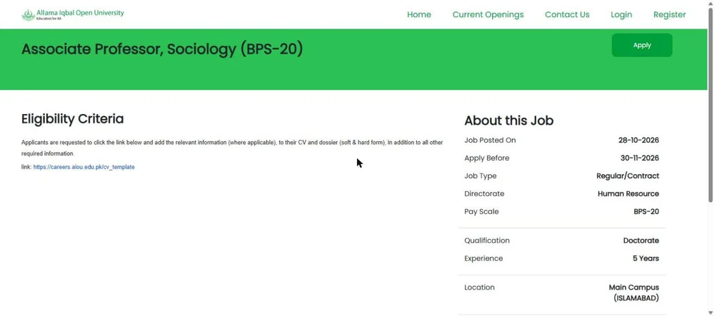 AIOU careers portal Associate Professor Sociology BPS-20 job details posted 28-10-2026 apply before 30-11-2026 Doctorate 5 years