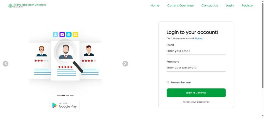 AIOU careers portal login and register page for online job application