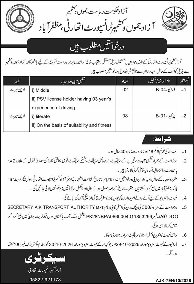 AJK Transport Authority Muzaffarabad driver chowkidar jobs 2026