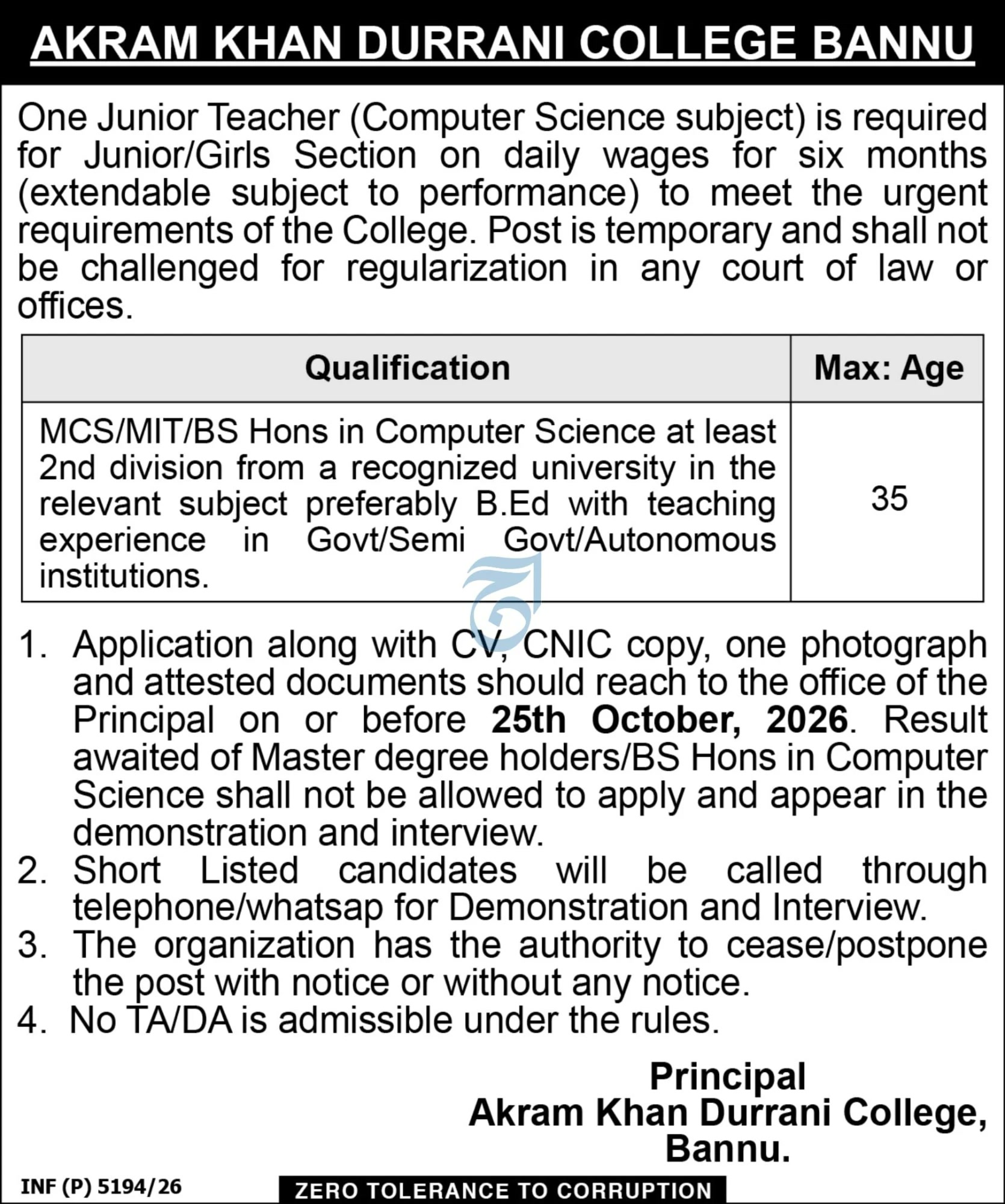 Akram Khan Durrani College Bannu junior teacher computer science job