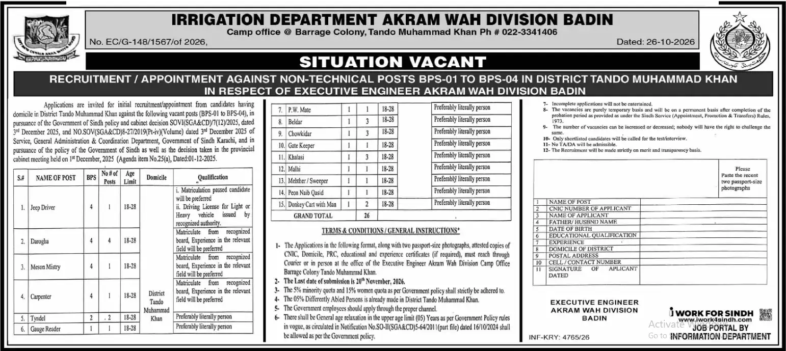 Irrigation Department Akram Wah Division Badin 26 posts BPS-01 to BPS-04 Tando Muhammad Khan jobs ad Dawn 28 October 2026