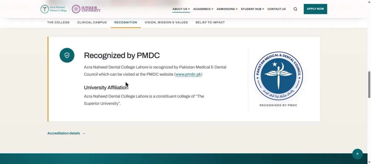 Azra Naheed Dental College recognized by PMDC official website andc.superior.edu.pk 25 October 2026
