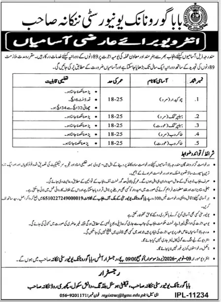 Baba Guru Nanak University Nankana Sahib Chowkidar Helper Cook Khakrob jobs advertisement October 2026