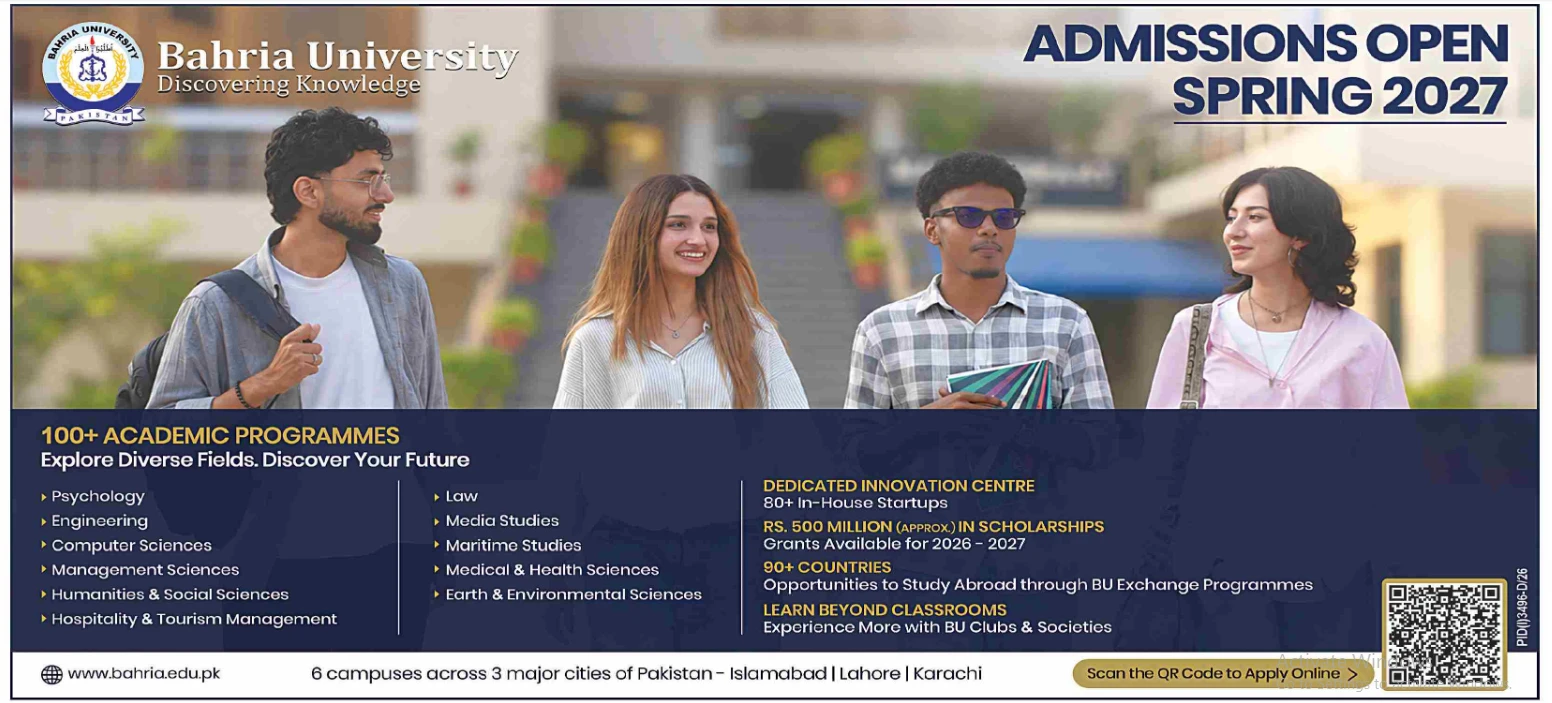 Bahria University Admissions Open Spring 2027 newspaper advertisement, Dawn 18 October 2026