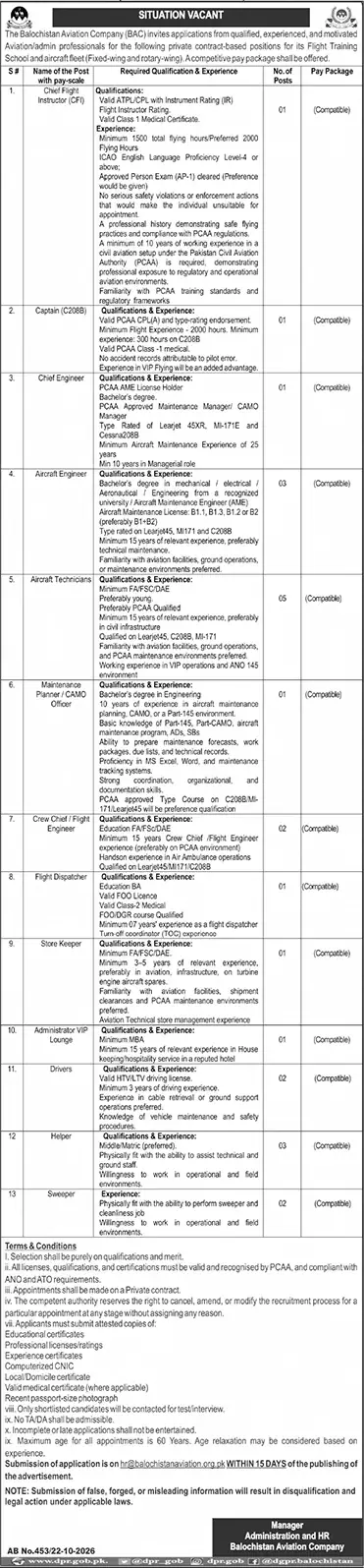 Balochistan Aviation Company BAC situation vacant 13 posts 24 vacancies private contract advertisement October 2026