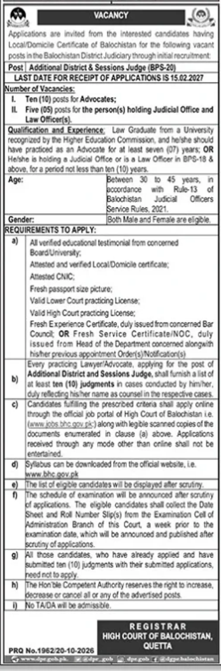 High Court of Balochistan Additional District and Sessions Judge BPS-20 vacancy advertisement, Jang Quetta 21 October 2026