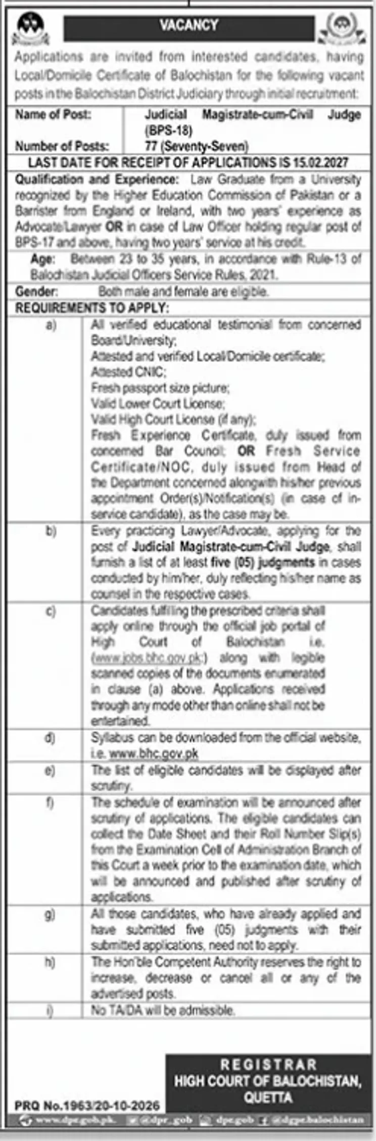 High Court of Balochistan Judicial Magistrate-cum-Civil Judge BPS-18 77 posts advertisement, Jang Quetta 21 October 2026